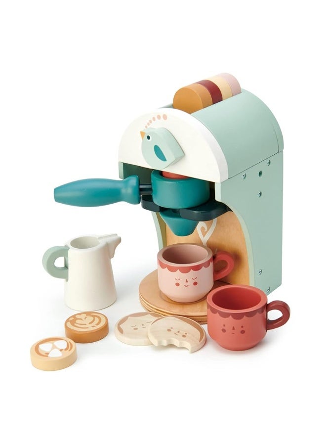 Tender Leaf Toys - Babyccino Maker - Wooden Coffee Machine Pretend Food Play Toy with Espresso Capsules and Cups - Made with Premium Materials and Craftsmanship - Age 3+