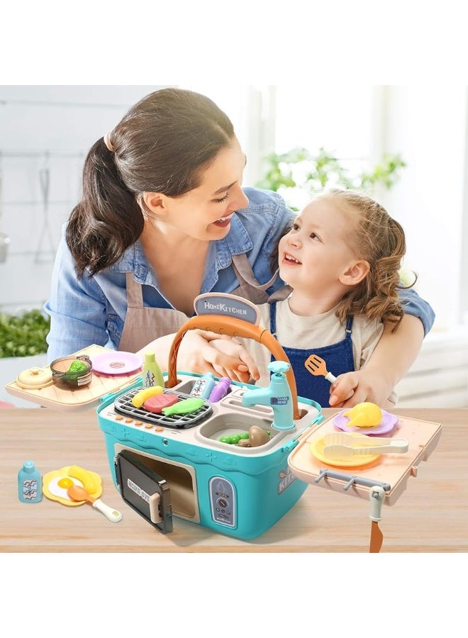 CUTE STONE Kids Picnic & Kitchen Playset,Portable Pinic Basket with Musics & Lights, Color Changing Play Foods, Sink,Pretend Play Oven and Other Accessories Toys for Boys and Girls