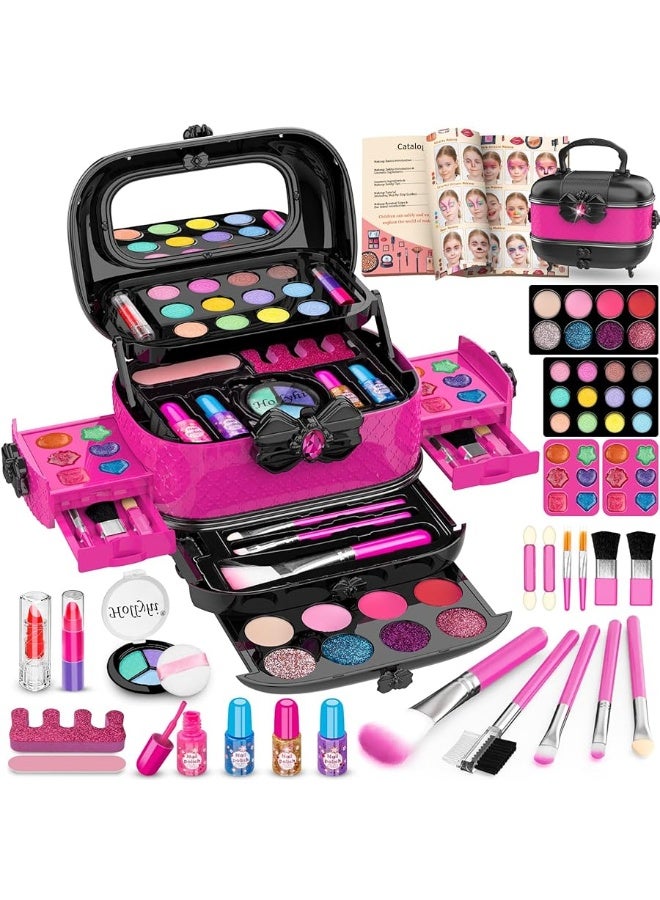 Hollyhi 58 Pcs Kids Makeup Kit for Girl, Princess Toys Real Washable Cosmetic Set with Mirror, Kids Makeup Sets for Girls, Play Make Up Birthday Gifts for 3 4 5 6 7 8 9 10 11 12 Years Old Kid (Rose)