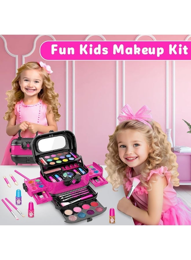 Hollyhi 58 Pcs Kids Makeup Kit for Girl, Princess Toys Real Washable Cosmetic Set with Mirror, Kids Makeup Sets for Girls, Play Make Up Birthday Gifts for 3 4 5 6 7 8 9 10 11 12 Years Old Kid (Rose)