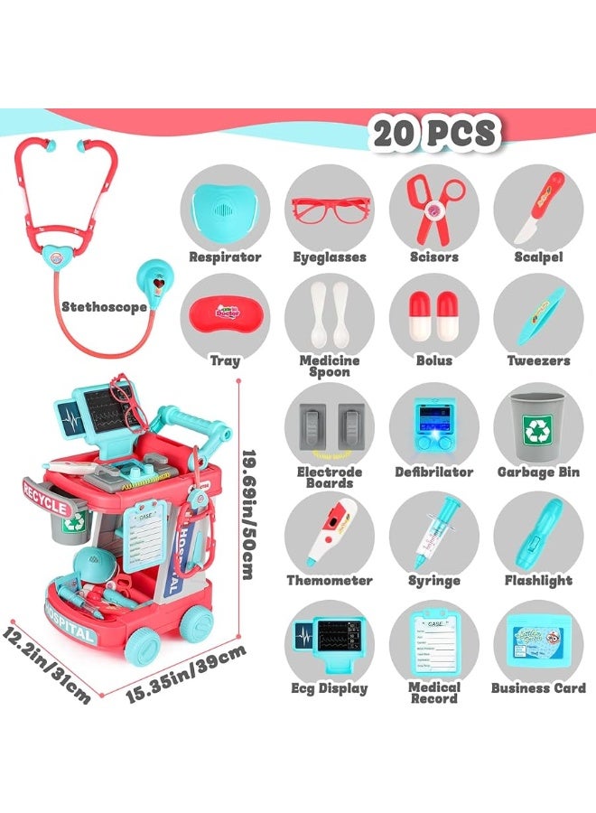 deAO Toy Doctor Kit for Kids Ages 3+, Deluxe Pretend Play Medical Station Set, Toddlers Doctor Role Play Costume Playset with Mobile Cart Lights, Stethoscope,Thermometer, Medical Kit(Pink)