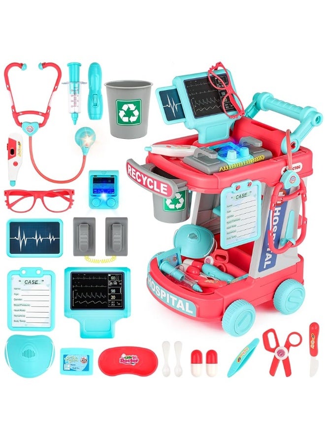 deAO Toy Doctor Kit for Kids Ages 3+, Deluxe Pretend Play Medical Station Set, Toddlers Doctor Role Play Costume Playset with Mobile Cart Lights, Stethoscope,Thermometer, Medical Kit(Pink)