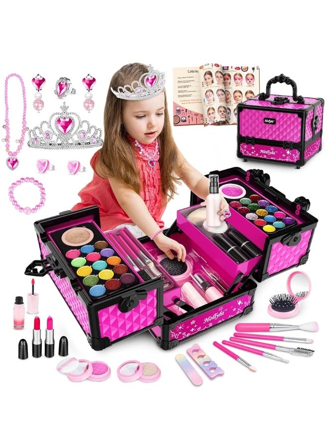 Hollyhi 65 Pcs Kids Makeup Kit for Girl, Washable Play Makeup Toys Set for Dress Up, Pretend Beauty Vanity Set with Cosmetic Case Birthday Toys for Girls 3 4 5 6 7 8 9 10 11 12 Year Old Kids Toddlers