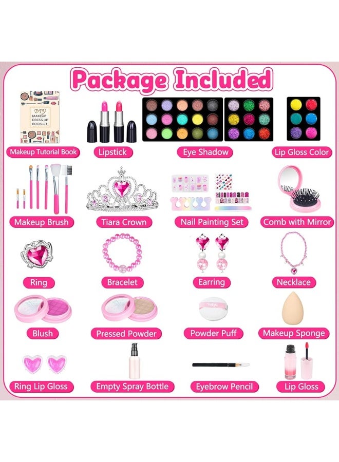 Hollyhi 65 Pcs Kids Makeup Kit for Girl, Washable Play Makeup Toys Set for Dress Up, Pretend Beauty Vanity Set with Cosmetic Case Birthday Toys for Girls 3 4 5 6 7 8 9 10 11 12 Year Old Kids Toddlers