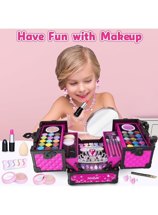 Hollyhi 65 Pcs Kids Makeup Kit for Girl, Washable Play Makeup Toys Set for Dress Up, Pretend Beauty Vanity Set with Cosmetic Case Birthday Toys for Girls 3 4 5 6 7 8 9 10 11 12 Year Old Kids Toddlers