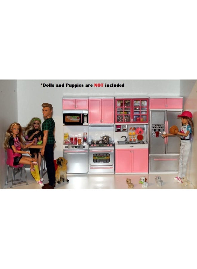 PowerTRC Doll Kitchen Play Set, Mini Modern Toy Pink Kitchen Pretend Play Furnitures Toy Set Accessories Set with Realistic Light & Sound for Kids Toddlers Girls (4-in-1)