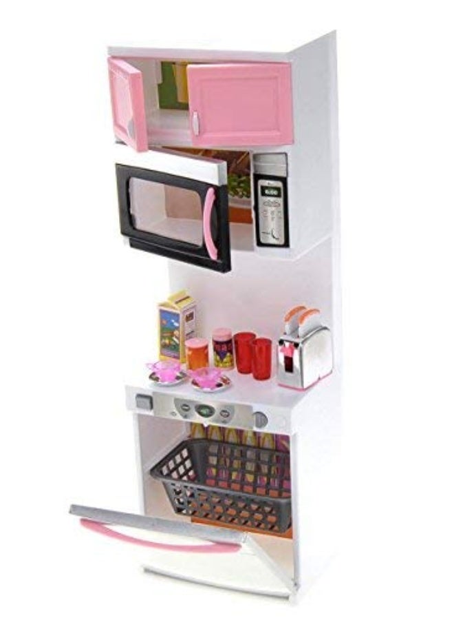 PowerTRC Doll Kitchen Play Set, Mini Modern Toy Pink Kitchen Pretend Play Furnitures Toy Set Accessories Set with Realistic Light & Sound for Kids Toddlers Girls (4-in-1)