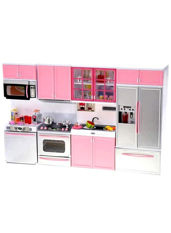 PowerTRC Doll Kitchen Play Set, Mini Modern Toy Pink Kitchen Pretend Play Furnitures Toy Set Accessories Set with Realistic Light & Sound for Kids Toddlers Girls (4-in-1)