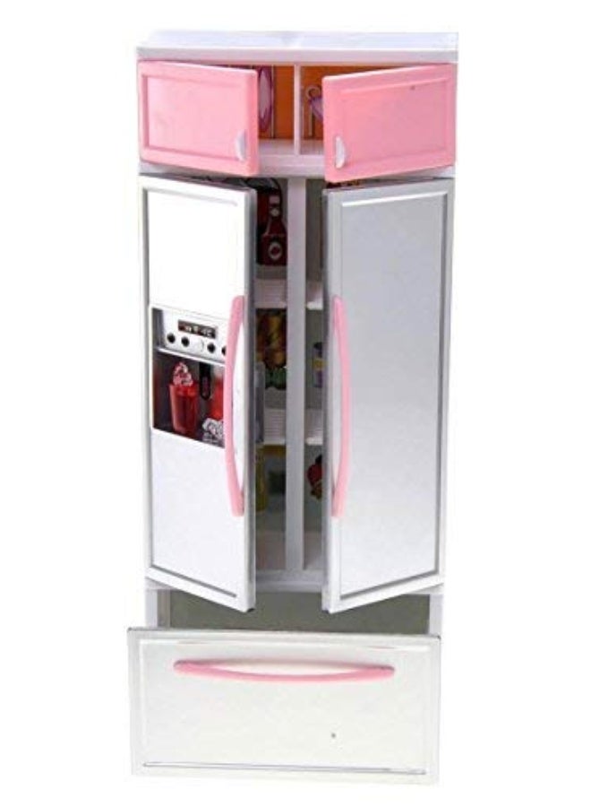 PowerTRC Doll Kitchen Play Set, Mini Modern Toy Pink Kitchen Pretend Play Furnitures Toy Set Accessories Set with Realistic Light & Sound for Kids Toddlers Girls (4-in-1)