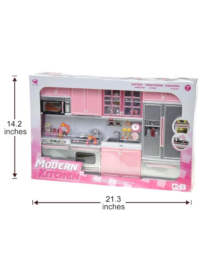 PowerTRC Doll Kitchen Play Set, Mini Modern Toy Pink Kitchen Pretend Play Furnitures Toy Set Accessories Set with Realistic Light & Sound for Kids Toddlers Girls (4-in-1)