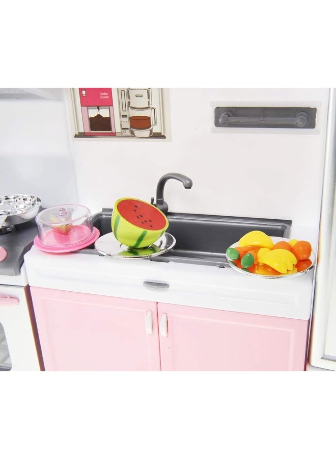 PowerTRC Doll Kitchen Play Set, Mini Modern Toy Pink Kitchen Pretend Play Furnitures Toy Set Accessories Set with Realistic Light & Sound for Kids Toddlers Girls (4-in-1)