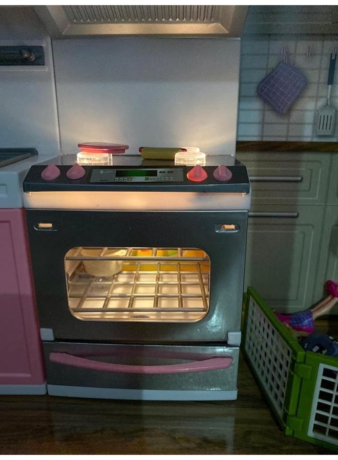 PowerTRC Doll Kitchen Play Set, Mini Modern Toy Pink Kitchen Pretend Play Furnitures Toy Set Accessories Set with Realistic Light & Sound for Kids Toddlers Girls (4-in-1)