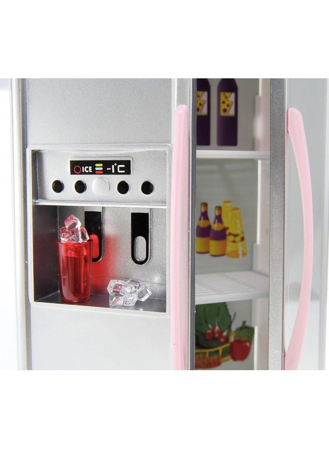 PowerTRC Doll Kitchen Play Set, Mini Modern Toy Pink Kitchen Pretend Play Furnitures Toy Set Accessories Set with Realistic Light & Sound for Kids Toddlers Girls (4-in-1)