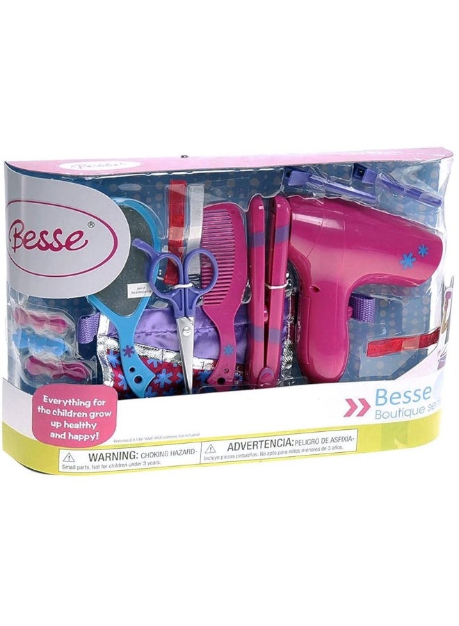Beauty Hair Stylist Set - Boutique Beauty Salon Fashion Pretend Play Set for Girls with Toy Blow Dryer, Curler, Scissors, Comb, Mirror & Other Styling Tools