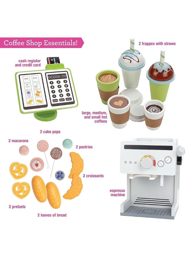 Pretend Coffee Shop Wooden Playset - Drive Thru Window Fun - Includes Frappuccino w Straws, Espresso Maker, Bread, Pastries, Rotating Cash Register, Coffee Cups, Apron- Over 25 Super Cute Play Pieces!