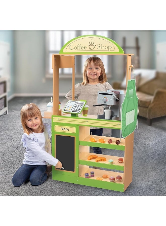 Pretend Coffee Shop Wooden Playset - Drive Thru Window Fun - Includes Frappuccino w Straws, Espresso Maker, Bread, Pastries, Rotating Cash Register, Coffee Cups, Apron- Over 25 Super Cute Play Pieces!