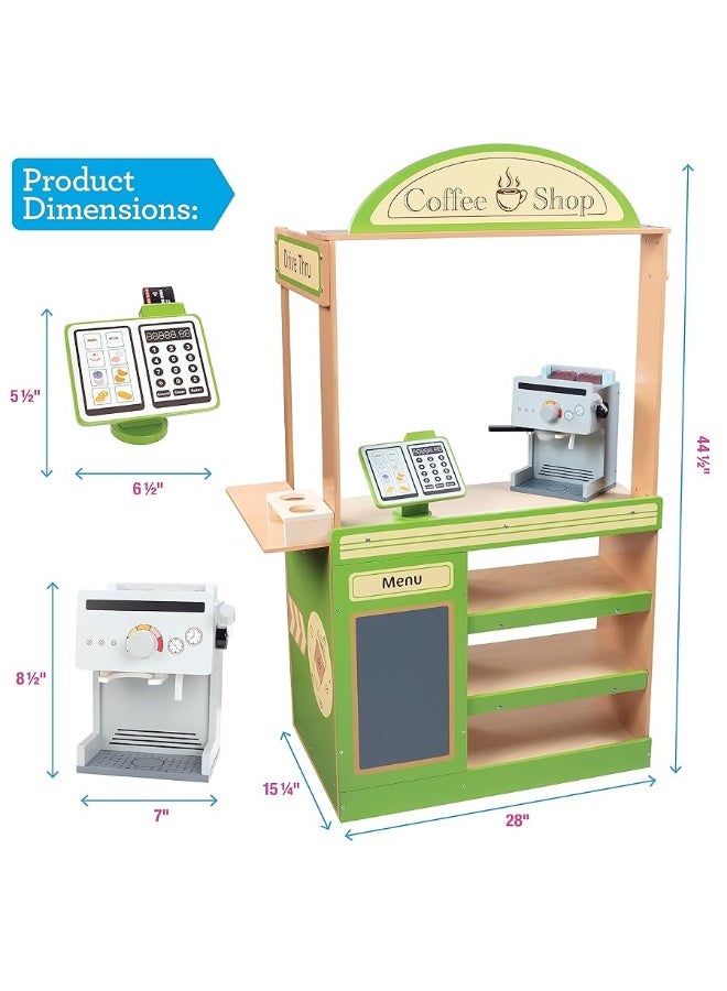 Pretend Coffee Shop Wooden Playset - Drive Thru Window Fun - Includes Frappuccino w Straws, Espresso Maker, Bread, Pastries, Rotating Cash Register, Coffee Cups, Apron- Over 25 Super Cute Play Pieces!