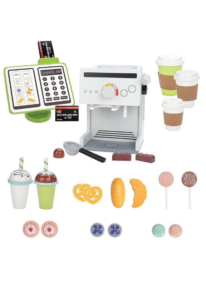 Pretend Coffee Shop Wooden Playset - Drive Thru Window Fun - Includes Frappuccino w Straws, Espresso Maker, Bread, Pastries, Rotating Cash Register, Coffee Cups, Apron- Over 25 Super Cute Play Pieces!