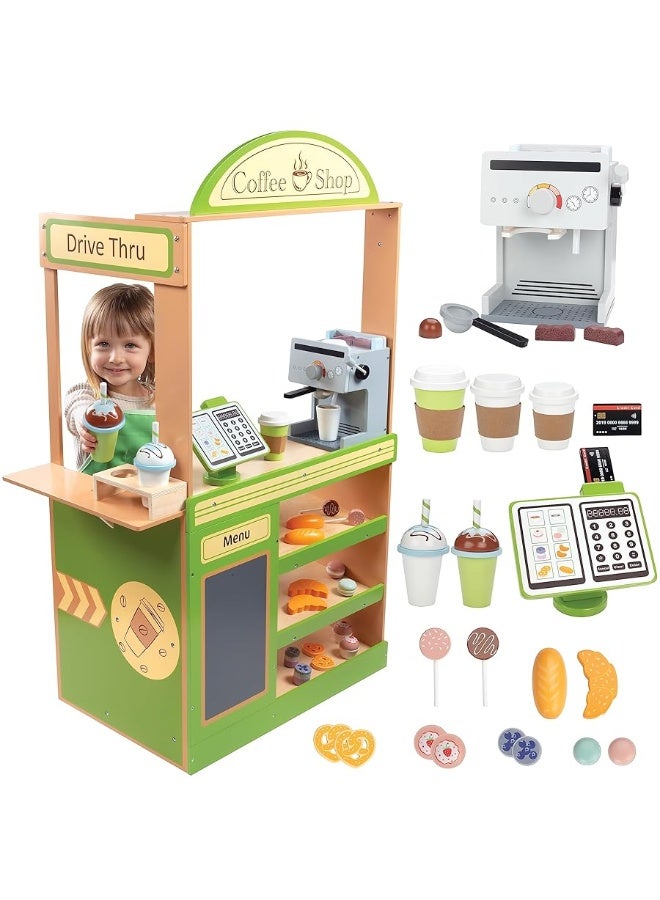 Pretend Coffee Shop Wooden Playset - Drive Thru Window Fun - Includes Frappuccino w Straws, Espresso Maker, Bread, Pastries, Rotating Cash Register, Coffee Cups, Apron- Over 25 Super Cute Play Pieces!