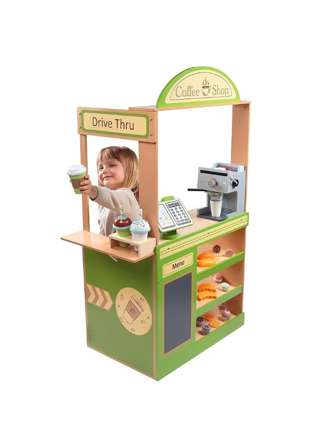 Pretend Coffee Shop Wooden Playset - Drive Thru Window Fun - Includes Frappuccino w Straws, Espresso Maker, Bread, Pastries, Rotating Cash Register, Coffee Cups, Apron- Over 25 Super Cute Play Pieces!