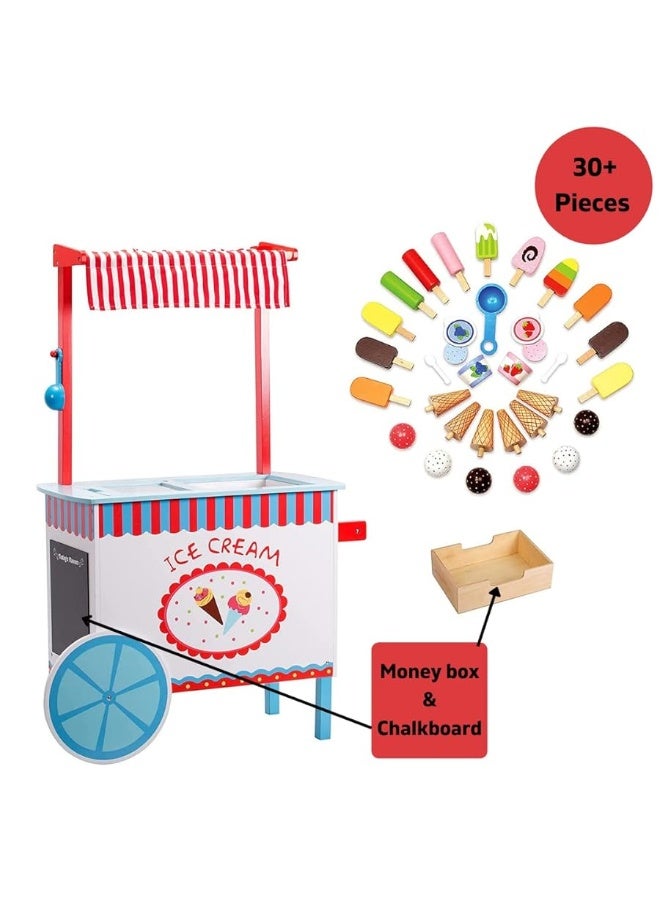 Ice Cream Cart Kids Pretend Play Stand Premium Wood 33 Pc Realistic Wooden Toy Set w Money Box Chalkboard 30 Icecream Truck Accessories Popsicles Cones  Unique Flavors Girls Boys Role Play