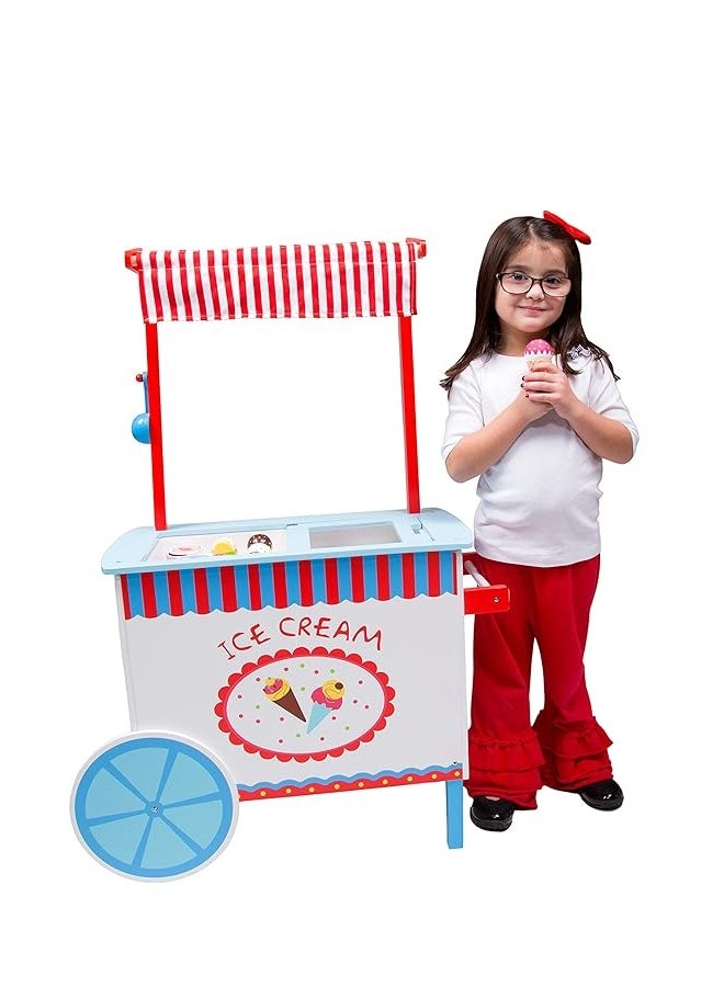 Ice Cream Cart Kids Pretend Play Stand Premium Wood 33 Pc Realistic Wooden Toy Set w Money Box Chalkboard 30 Icecream Truck Accessories Popsicles Cones  Unique Flavors Girls Boys Role Play