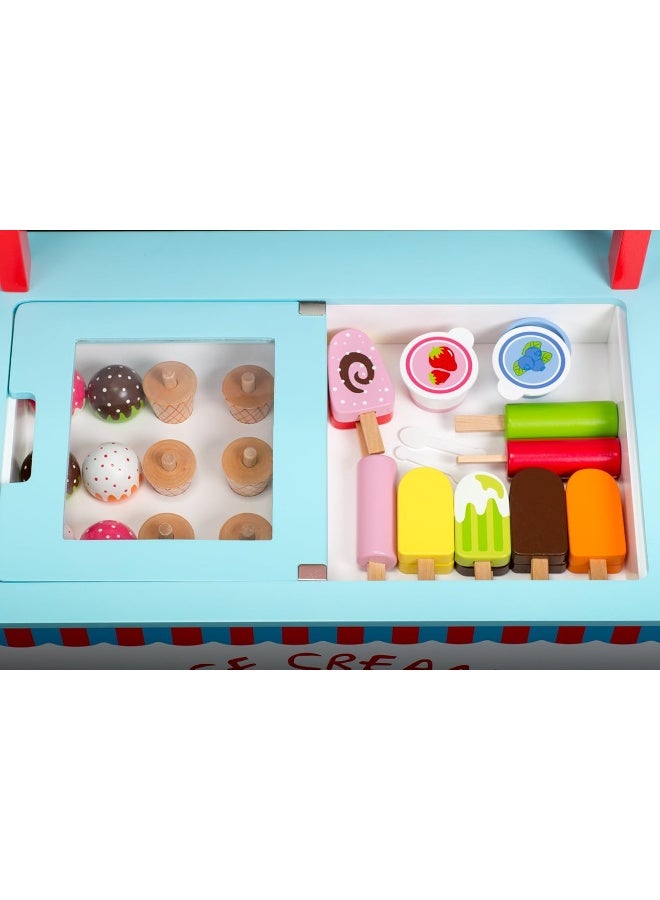 Ice Cream Cart Kids Pretend Play Stand Premium Wood 33 Pc Realistic Wooden Toy Set w Money Box Chalkboard 30 Icecream Truck Accessories Popsicles Cones  Unique Flavors Girls Boys Role Play