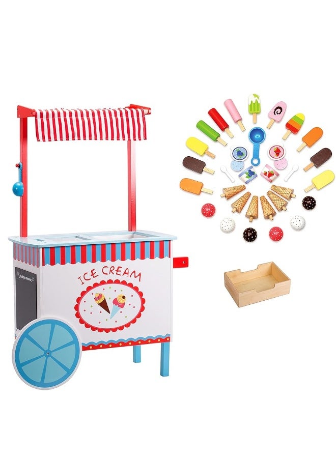 Ice Cream Cart Kids Pretend Play Stand Premium Wood 33 Pc Realistic Wooden Toy Set w Money Box Chalkboard 30 Icecream Truck Accessories Popsicles Cones  Unique Flavors Girls Boys Role Play