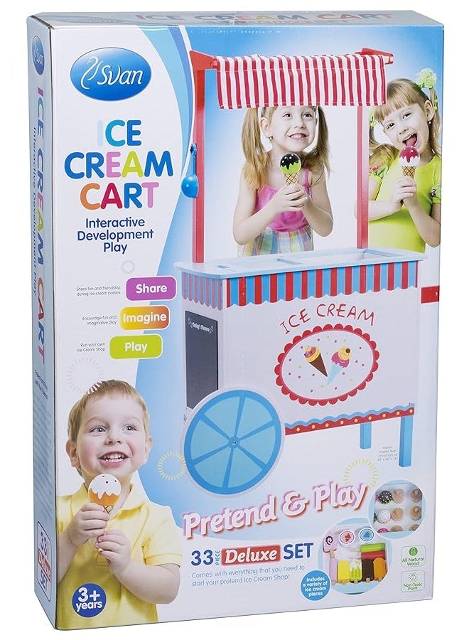 Ice Cream Cart Kids Pretend Play Stand Premium Wood 33 Pc Realistic Wooden Toy Set w Money Box Chalkboard 30 Icecream Truck Accessories Popsicles Cones  Unique Flavors Girls Boys Role Play