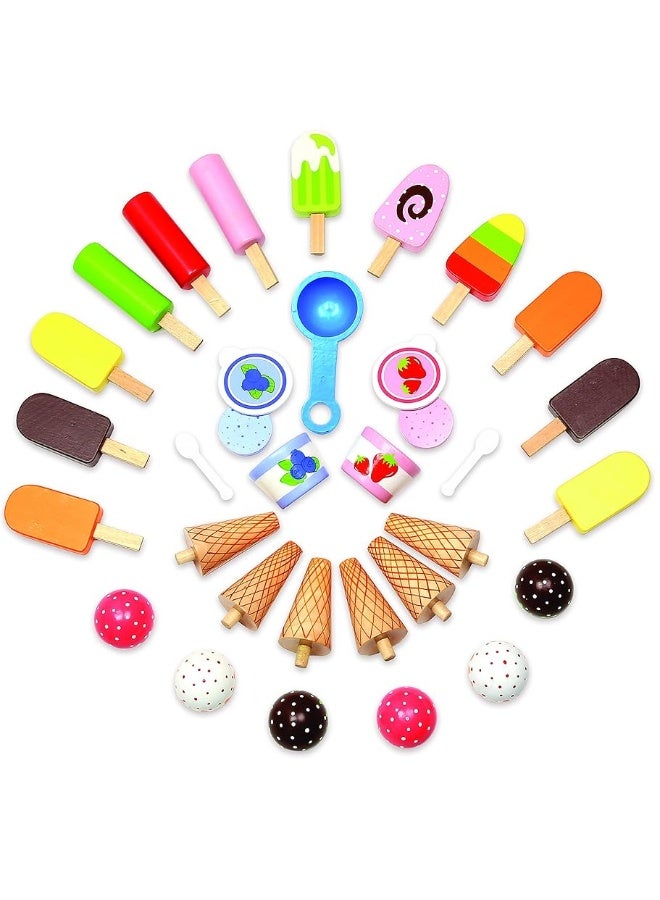 Ice Cream Cart Kids Pretend Play Stand Premium Wood 33 Pc Realistic Wooden Toy Set w Money Box Chalkboard 30 Icecream Truck Accessories Popsicles Cones  Unique Flavors Girls Boys Role Play