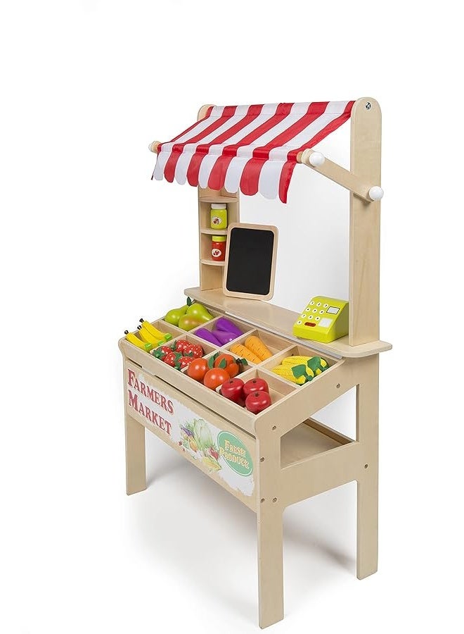 Wooden Farmers Market Stand - Toy Grocery Set for Pretend Role Play, 30+ Pieces- Includes Fruit Veggies Chalkboard & Cash Register, Fun Indoor Natural Wood Set, Kids Playroom, Daycare Activity Center