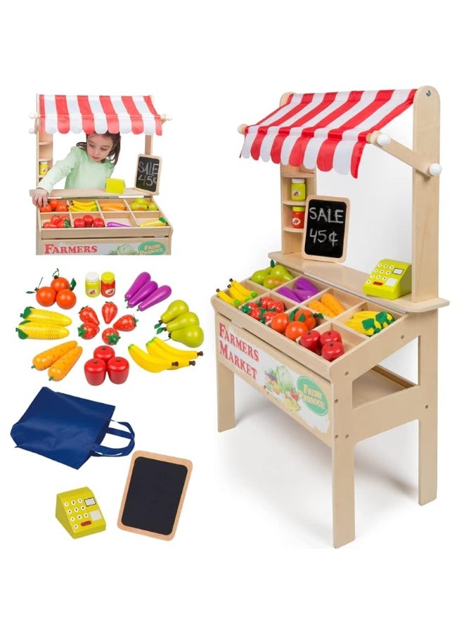 Wooden Farmers Market Stand - Toy Grocery Set for Pretend Role Play, 30+ Pieces- Includes Fruit Veggies Chalkboard & Cash Register, Fun Indoor Natural Wood Set, Kids Playroom, Daycare Activity Center