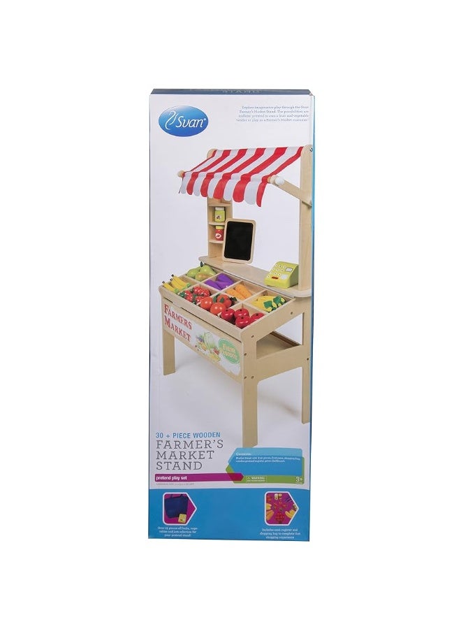 Wooden Farmers Market Stand - Toy Grocery Set for Pretend Role Play, 30+ Pieces- Includes Fruit Veggies Chalkboard & Cash Register, Fun Indoor Natural Wood Set, Kids Playroom, Daycare Activity Center