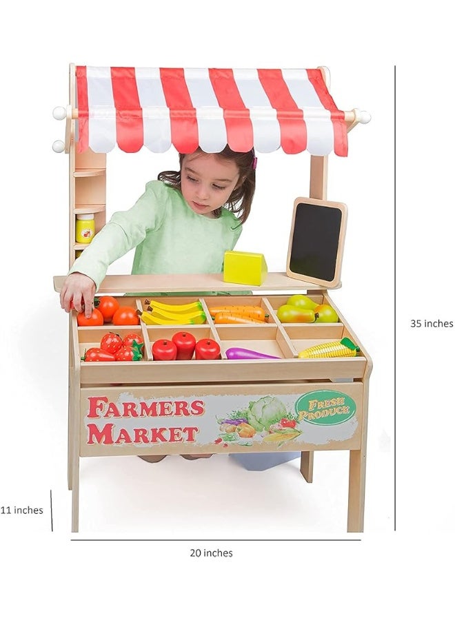 Wooden Farmers Market Stand - Toy Grocery Set for Pretend Role Play, 30+ Pieces- Includes Fruit Veggies Chalkboard & Cash Register, Fun Indoor Natural Wood Set, Kids Playroom, Daycare Activity Center