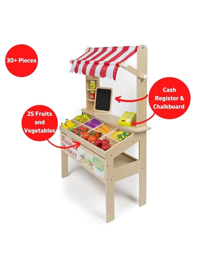 Wooden Farmers Market Stand - Toy Grocery Set for Pretend Role Play, 30+ Pieces- Includes Fruit Veggies Chalkboard & Cash Register, Fun Indoor Natural Wood Set, Kids Playroom, Daycare Activity Center