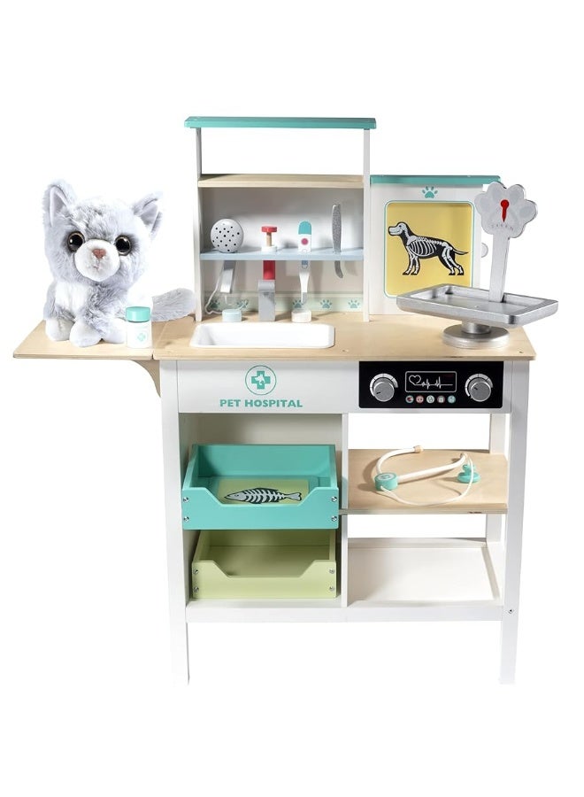 Vet Center Pretend Pet Hospital Playset - Wooden Animal Interactive Medical Checkup Set with Toy Cat, X-Ray Cards, Stethoscope & Veterinarian Medical Accessories, Fun Doctor Role Play Gift for Kids