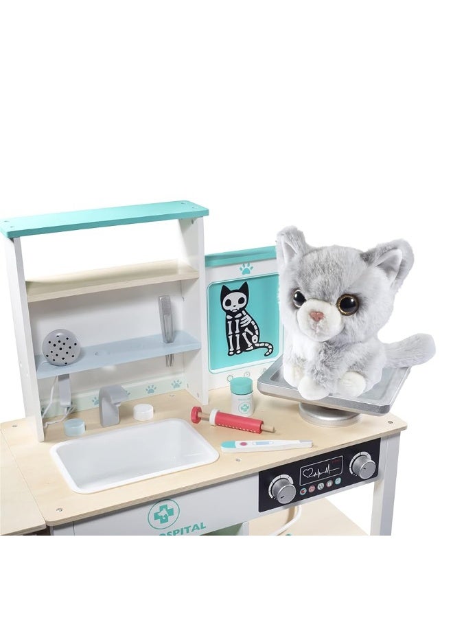 Vet Center Pretend Pet Hospital Playset - Wooden Animal Interactive Medical Checkup Set with Toy Cat, X-Ray Cards, Stethoscope & Veterinarian Medical Accessories, Fun Doctor Role Play Gift for Kids