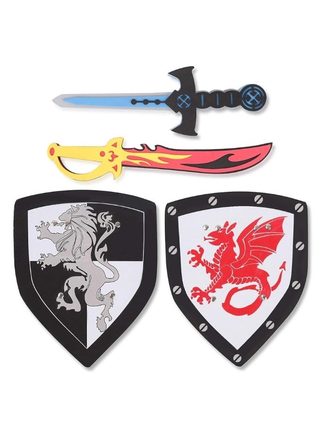 Liberty Imports 4 PCS Dual Foam Sword and Shield Combo Playset - Medieval Combat Warrior Weapons, Joust Dragon Knights Lightweight Set Costume Role Play Accessories for Kids, Boys, Girls