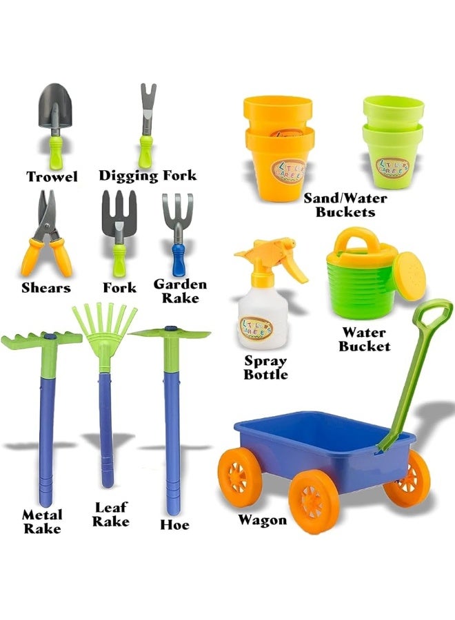 Liberty Imports Pull Along Garden Wagon and Gardening Tools Toy Play Set for Toddlers, Kids with Outdoor Tools, Plant Pots, Accessories