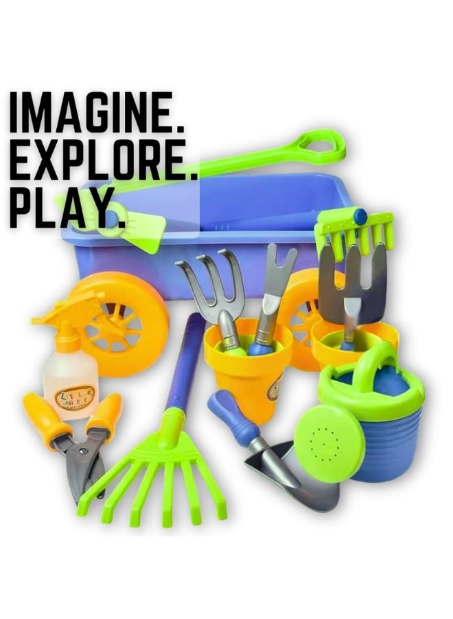 Liberty Imports Pull Along Garden Wagon and Gardening Tools Toy Play Set for Toddlers, Kids with Outdoor Tools, Plant Pots, Accessories