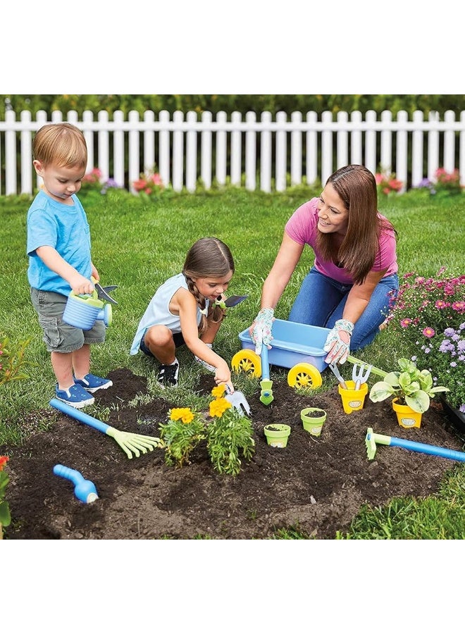 Liberty Imports Pull Along Garden Wagon and Gardening Tools Toy Play Set for Toddlers, Kids with Outdoor Tools, Plant Pots, Accessories