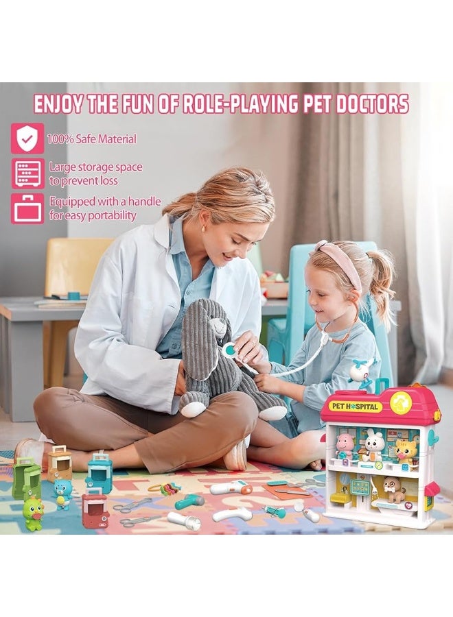 Pet Vet Toys Doctor Kit for Kids, Hospital Pretend Play Set Vet Clinic Toys with Light and Sound, Pet Care Playset Animal Grooming Toys Gifts for Girls Boys, Ages 3 and Up