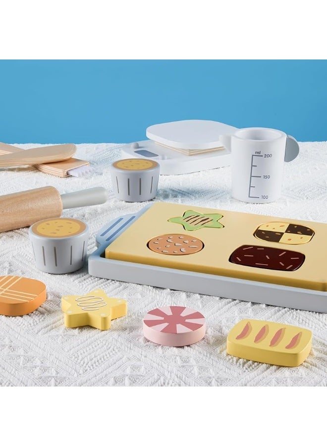 Wooden Toy Bake and Cookie Set, Pretend Play Food Sets for Kids, Pretend Cookies and Baking Set Kitchen Playset, Pretend Play Kitchen Accessories Gift for Boys and Girls Ages 3+