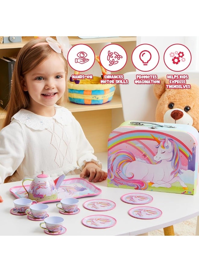 JOYIN Unicorn Tea Set for Toddlers Tea Party Set for Children Kids Pretend Role Play Tin Teapot Set with Cups, Plates and Carrying Case Kitchen Toy for Little Girls Birthday Gifts Age 3 4 5 6