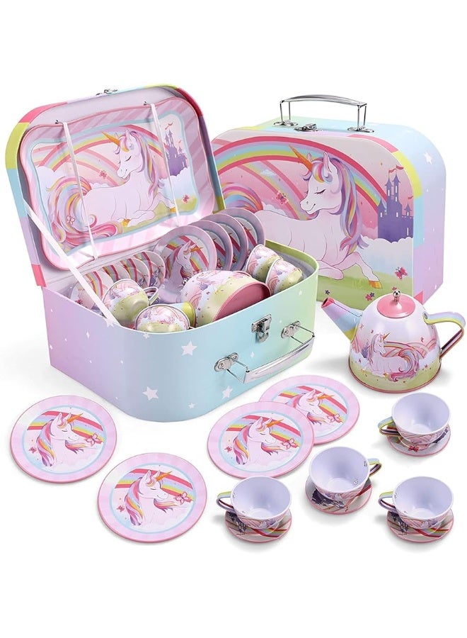 JOYIN Unicorn Tea Set for Toddlers Tea Party Set for Children Kids Pretend Role Play Tin Teapot Set with Cups, Plates and Carrying Case Kitchen Toy for Little Girls Birthday Gifts Age 3 4 5 6