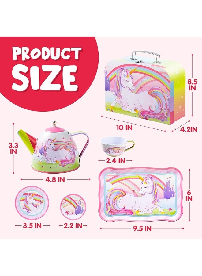 JOYIN Unicorn Tea Set for Toddlers Tea Party Set for Children Kids Pretend Role Play Tin Teapot Set with Cups, Plates and Carrying Case Kitchen Toy for Little Girls Birthday Gifts Age 3 4 5 6