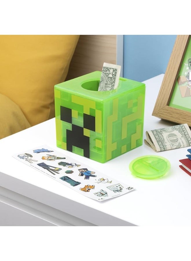 Paladone Minecraft Creeper Maze Safe, Complete The Maze to Unlock Money, Fun Minecraft Block Collectible Toy and Piggy Bank for Kids, Comes with Decorative Stickers