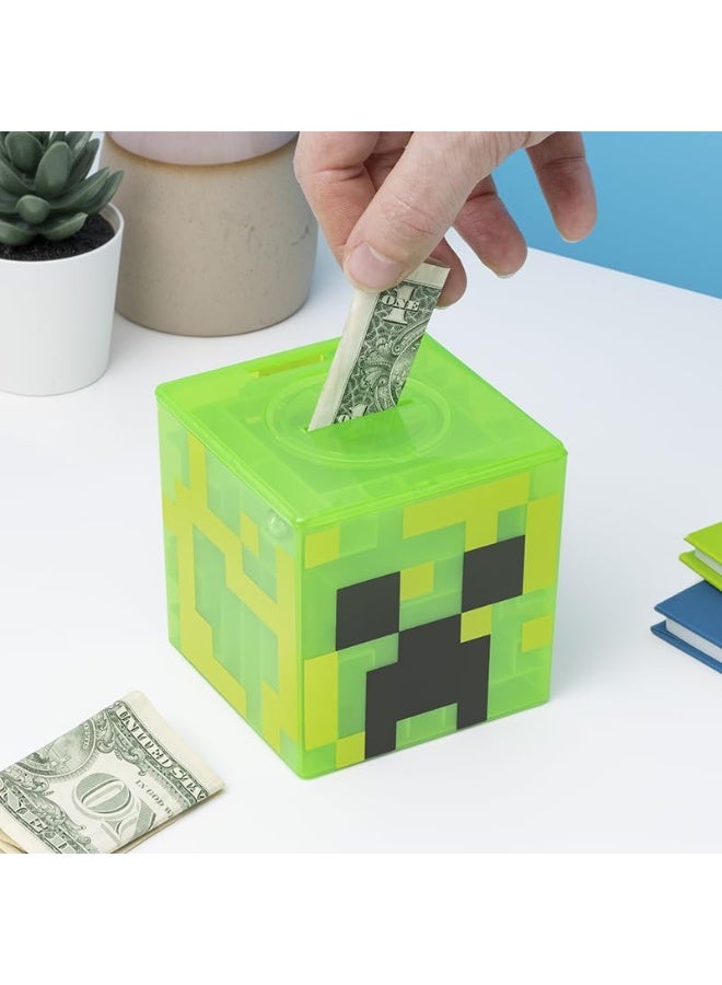 Paladone Minecraft Creeper Maze Safe, Complete The Maze to Unlock Money, Fun Minecraft Block Collectible Toy and Piggy Bank for Kids, Comes with Decorative Stickers