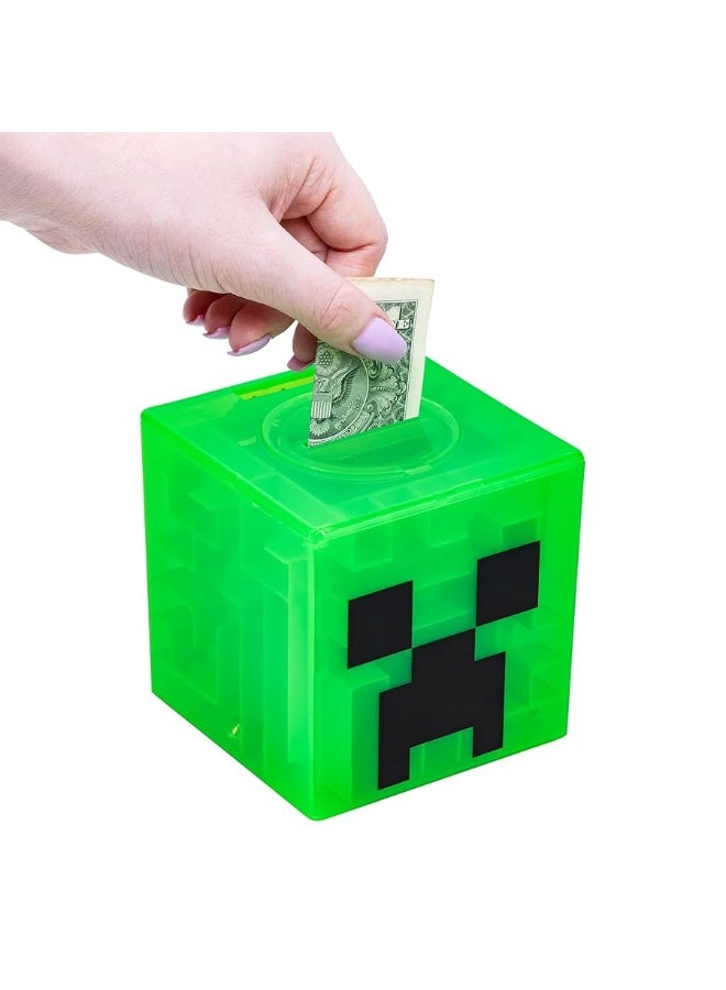 Paladone Minecraft Creeper Maze Safe, Complete The Maze to Unlock Money, Fun Minecraft Block Collectible Toy and Piggy Bank for Kids, Comes with Decorative Stickers