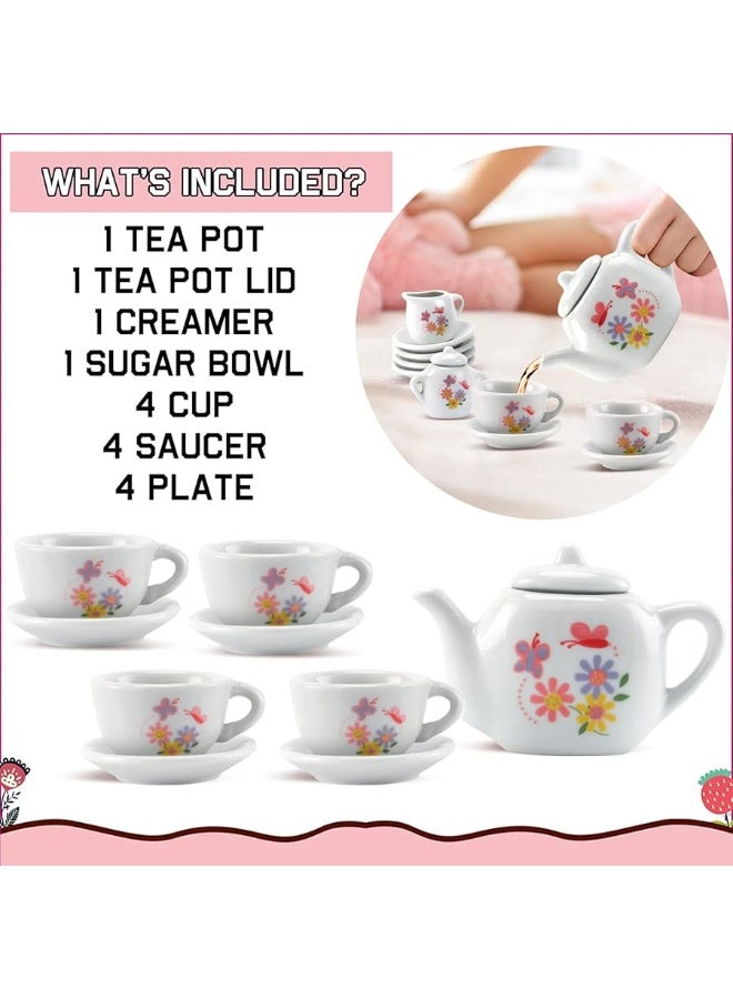 Liberty Imports 16 Piece Rose Flower Miniature Porcelain Ceramic Tea Set | Kids Toy Mini Pretend Play Kitchen Decorated Playset | Small Party Accessories Teapot, Cups, Sugar Bowl and Creamer